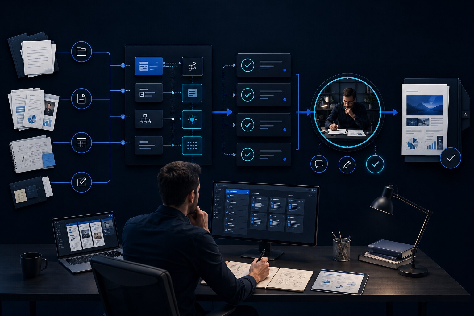 Human-controlled AI workflow from source material through review to approved output